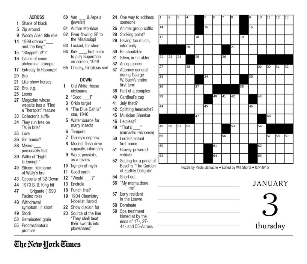 Free New York Times Crossword Puzzles To Print Printable Crossword