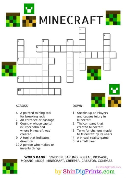 FREE Printable Minecraft Crossword Puzzle Homeschool Giveaways