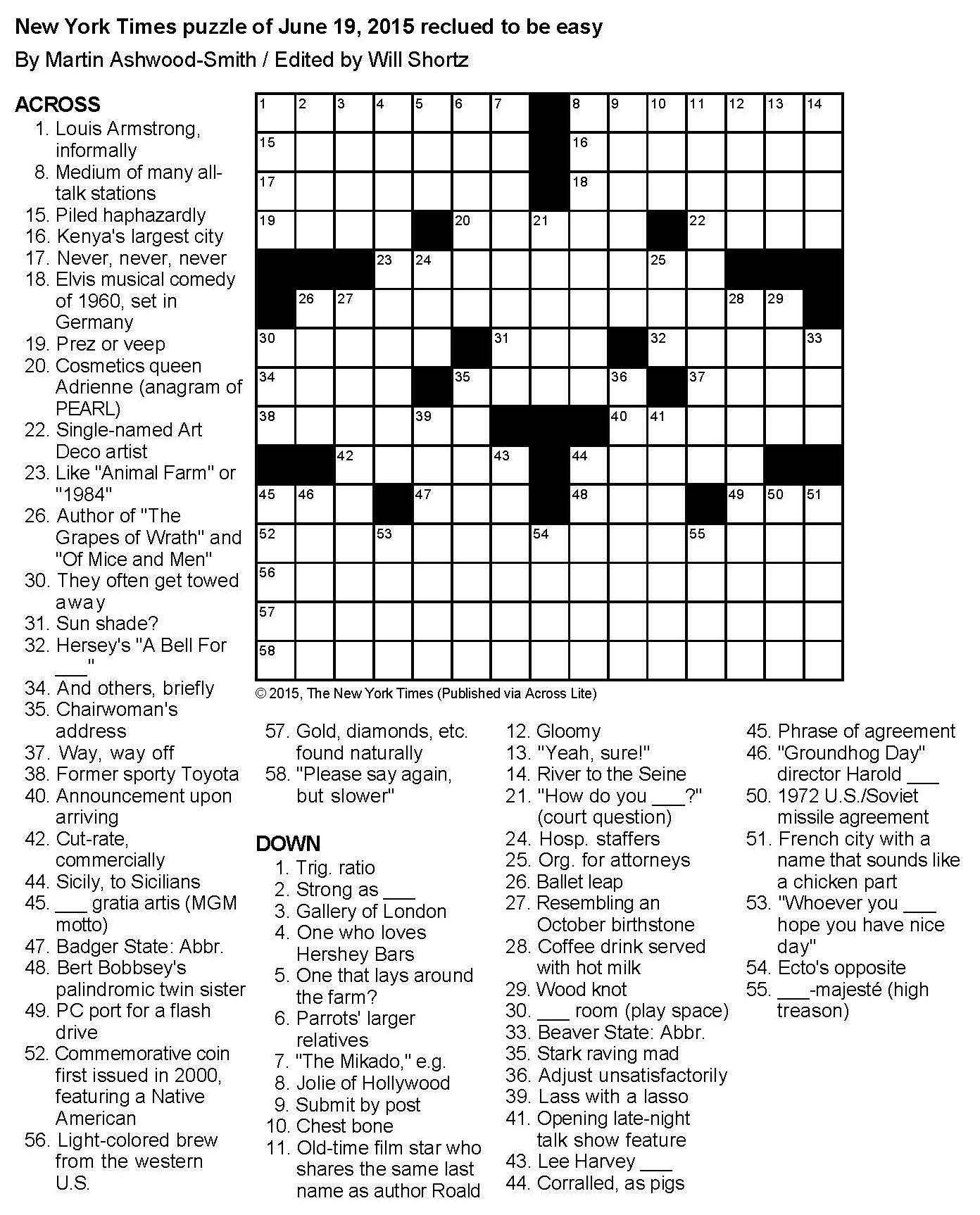 Friday June 19 2015 NYT Crossword By Martin Ashwood Smith