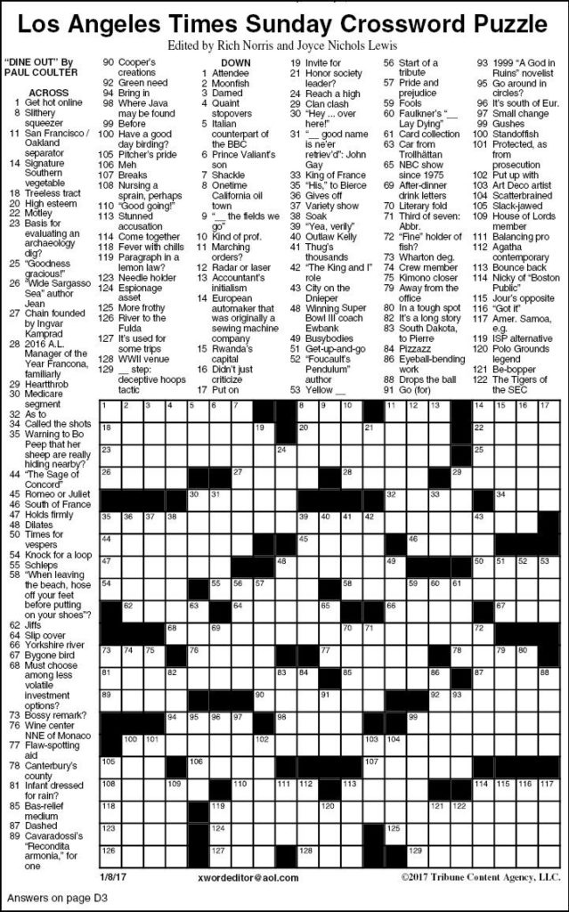 Los Angeles Times Sunday Crossword Puzzle Features Printable 
