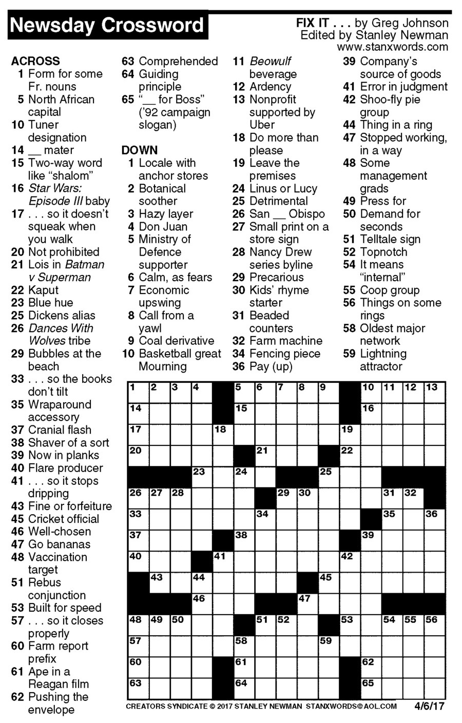 Newsday Crossword Puzzle For Apr 06 2017 By Stanley Newman Creators