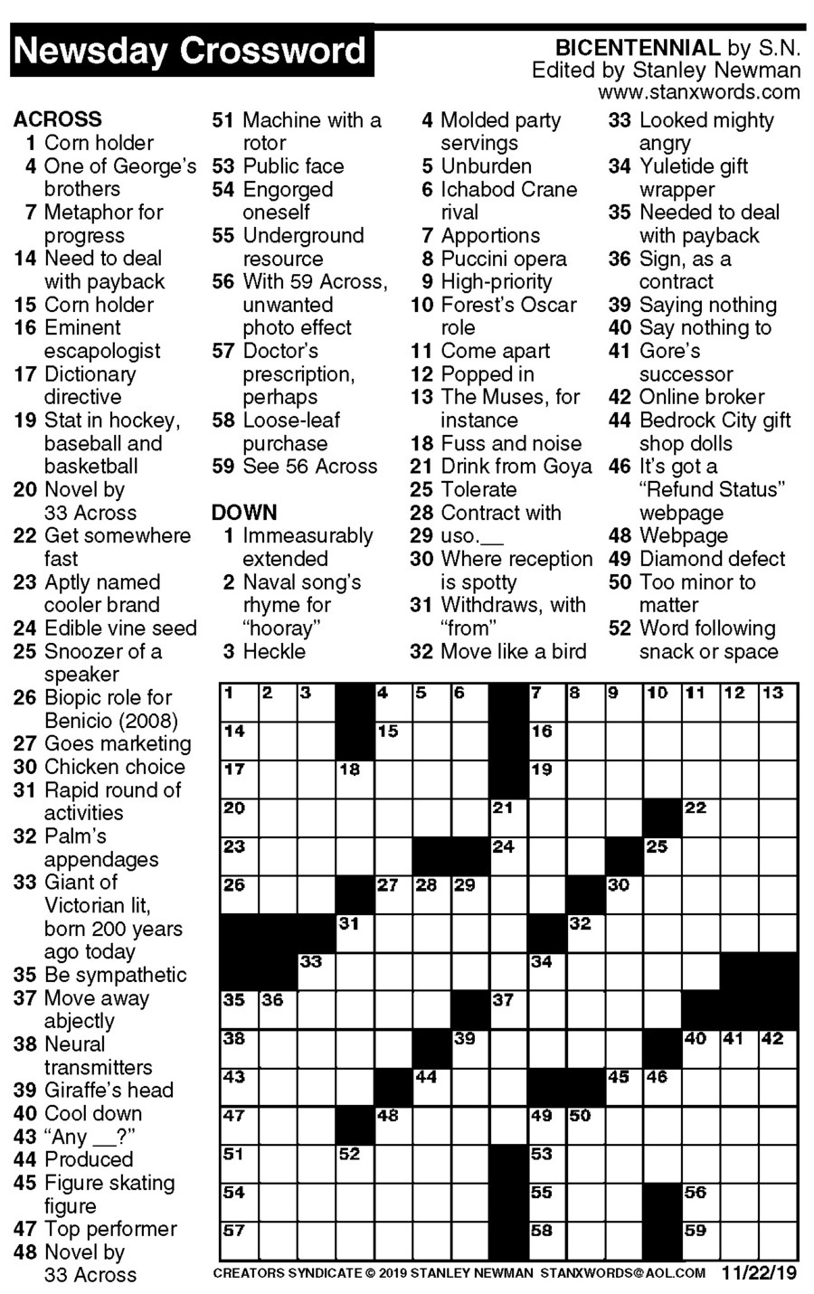 Newsday Crossword Puzzle For Nov 22 2019 By Stanley Newman Creators 