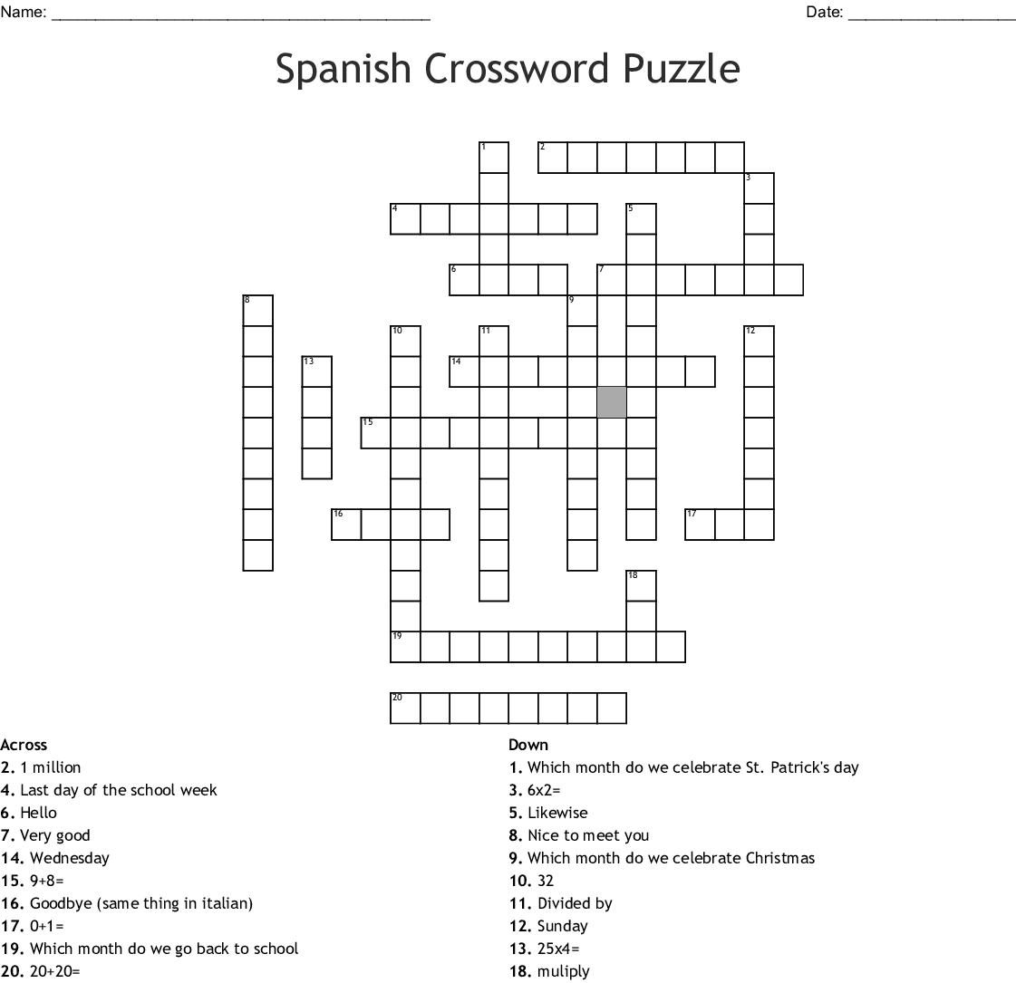 Printable Spanish Crossword Puzzle Answers Printable Crossword Puzzles