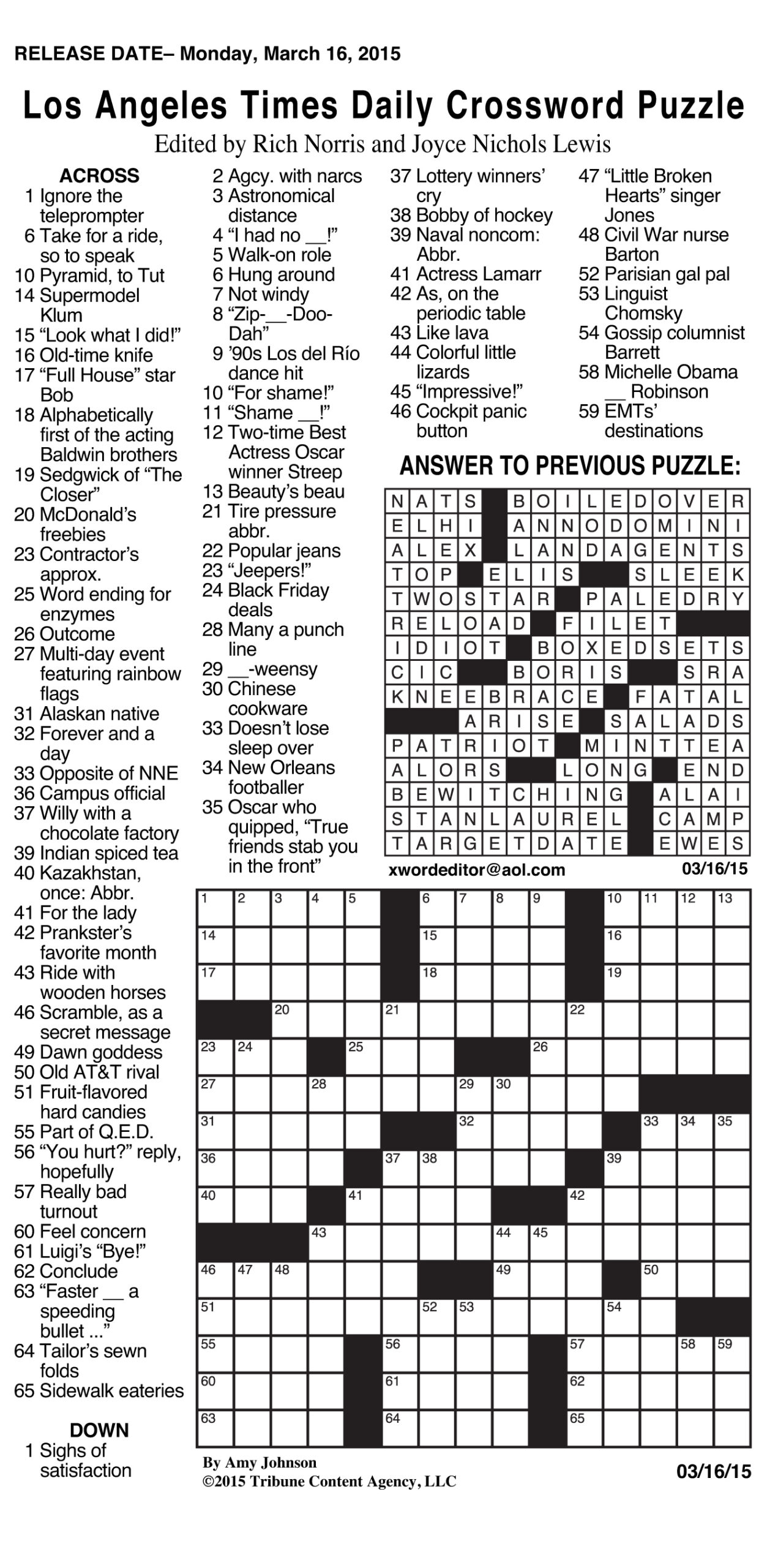 Sample Of Los Angeles Times Daily Crossword Puzzle Tribune Content 