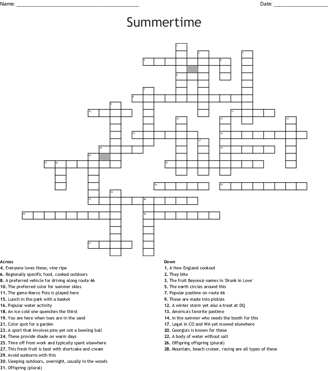 Summer Crossword Puzzle Free Printable Free Printable