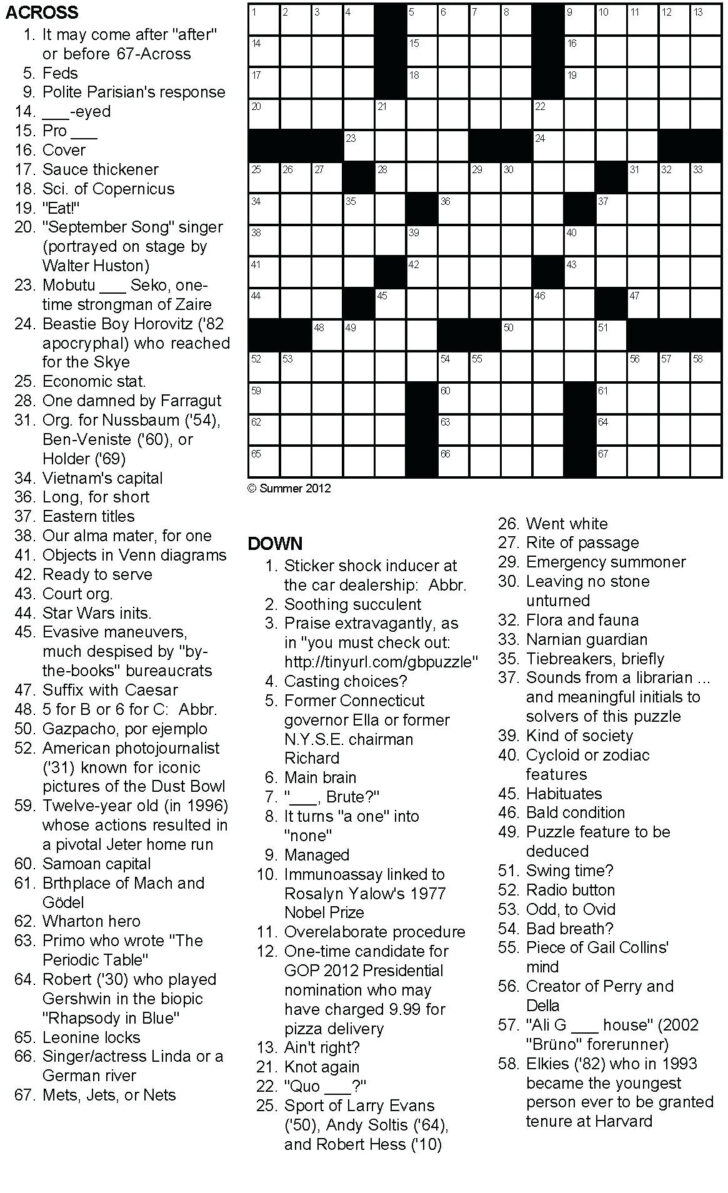 Printable Crossword Puzzles Summer
