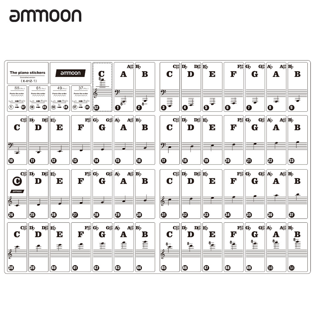 Ammoon Piano Keyboard Stickers For 37 49 61 88 Key Keyboards 
