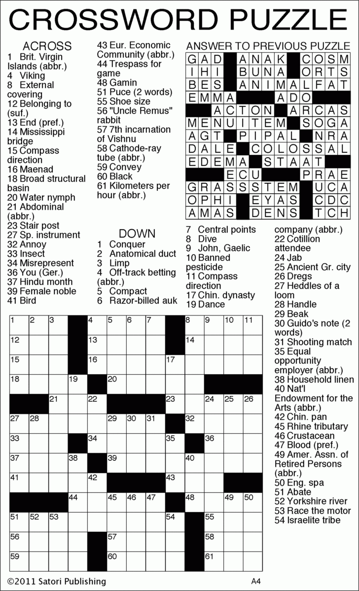 Printable Crossword Puzzles With Answer Key