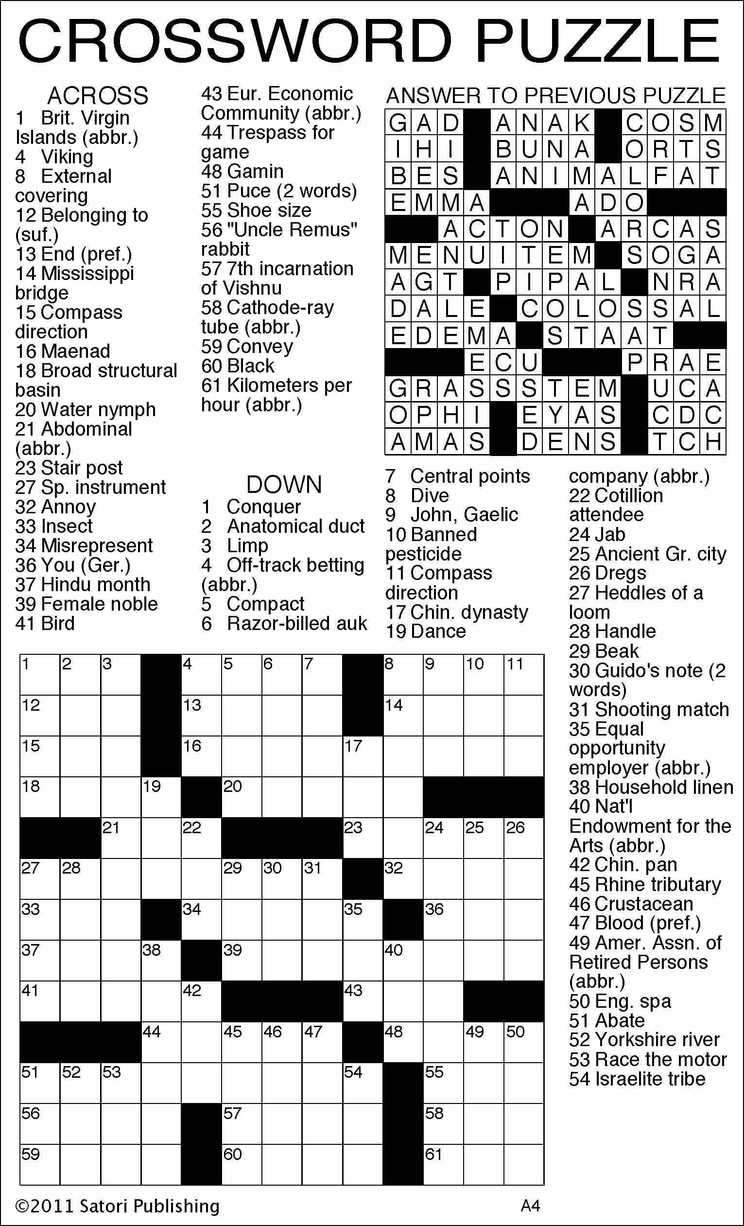Printable Crossword Puzzles With Answer Key Printable Crossword Puzzles