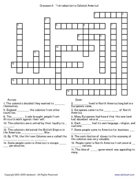 Crossword Introduction To Colonial America Worksheet Lesson Planet 