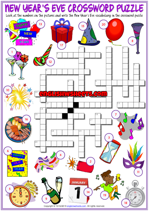 New Year s Eve ESL Crossword Puzzle Worksheet For Kids