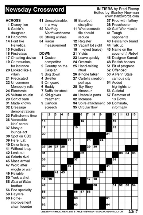 Newsday Crossword Puzzle For Feb 02 2017 By Stanley Newman Creators 