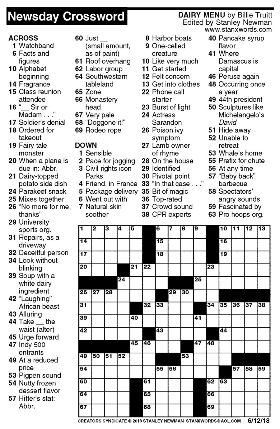 Newsday Crossword Puzzle For Jun 12 2018 stanley Newman Printable 