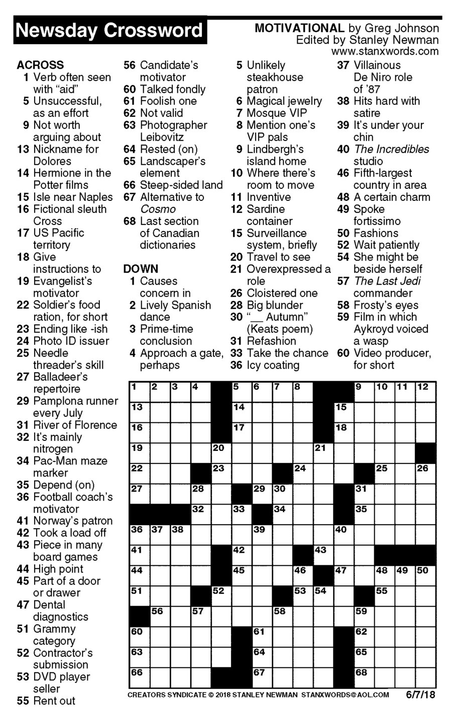 Newsday Crossword Puzzle For Oct 06 2018 stanley Newman Printable 