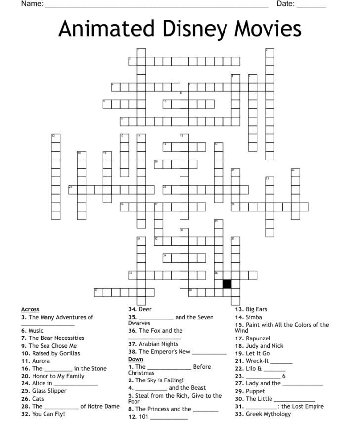 Animated Disney Movies Crossword WordMint | Printable Crossword Puzzles