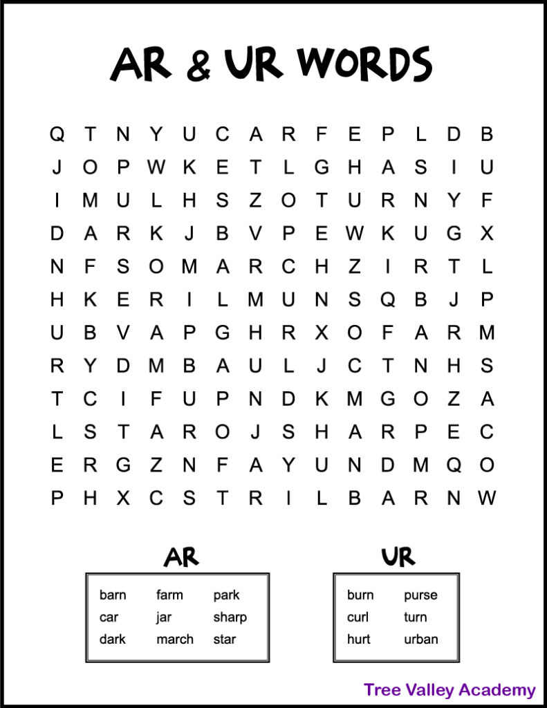 AR UR Bossy R Word Search For Kids Tree Valley Academy