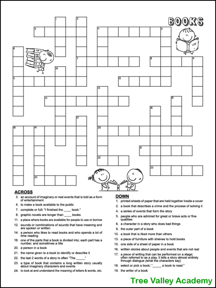 Book Themed Crossword Puzzle For Kids Tree Valley Academy Printable