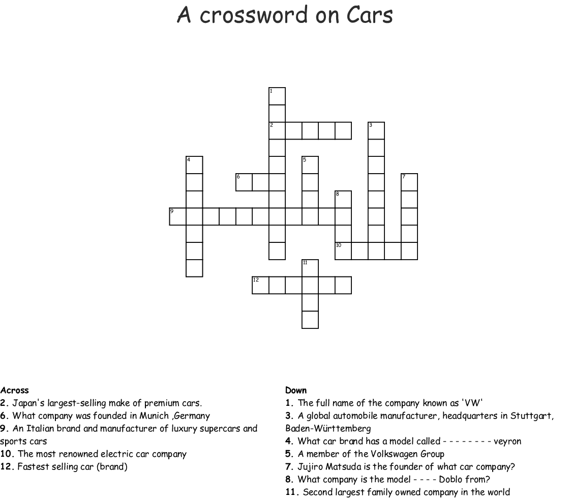 Cars Crossword WordMint