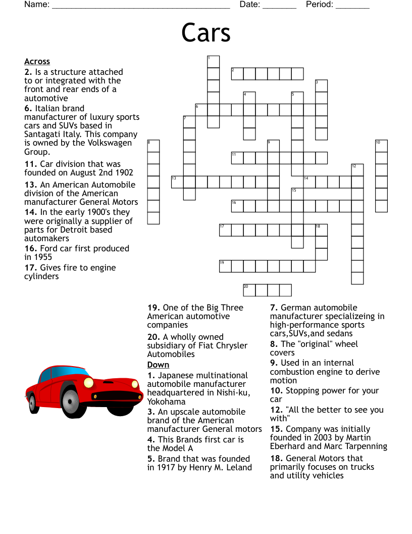 Cars Crossword WordMint Printable Crossword Puzzles