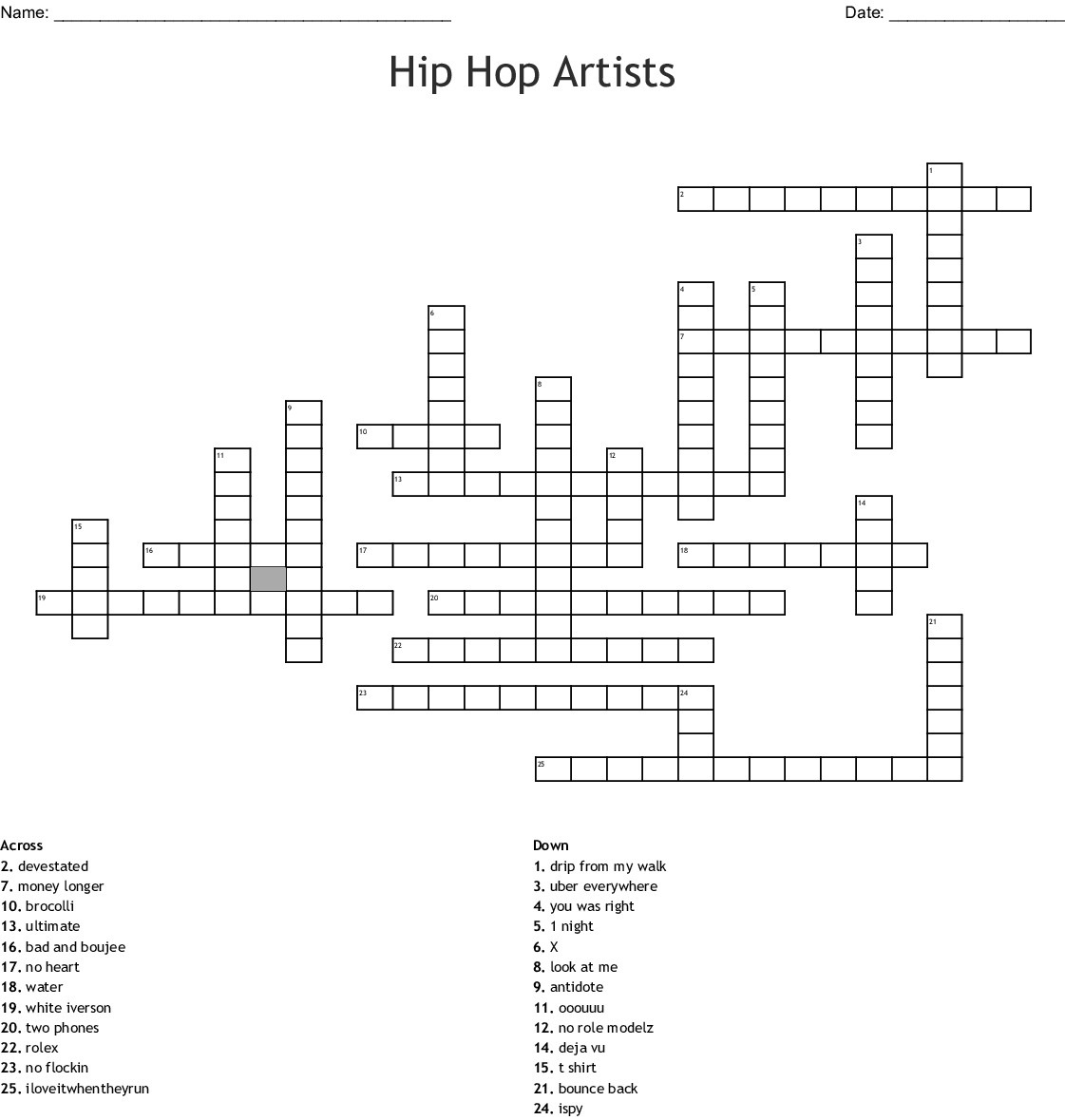 Urban Hip Hop Crosswords Word Searches Bingo Cards WordMint Printable