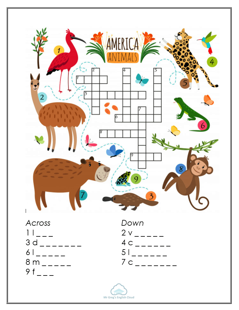 Kindergarten Crossword Animals Mr Greg s English Cloud