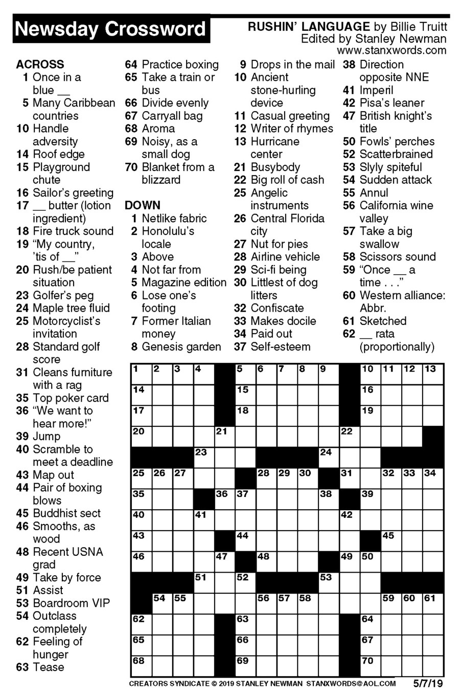Newsday Crossword Puzzle For May 07 2019 By Stanley Newman Creators 