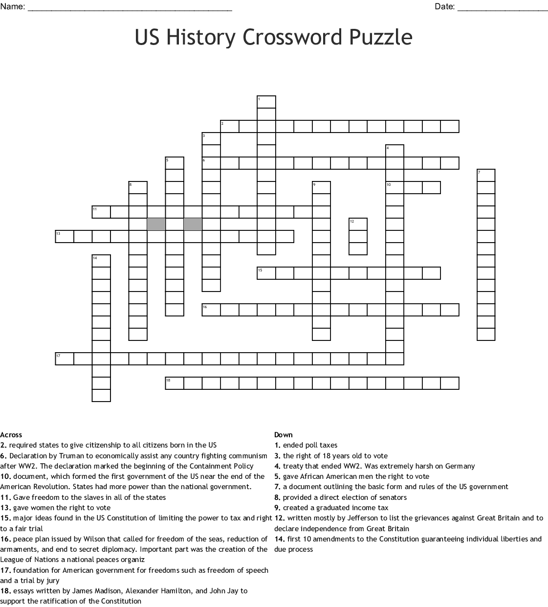 Printable History Crossword Puzzle Printable Crossword Puzzles