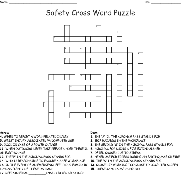 SAFETY CROSSWORD PUZZLE WordMint | Printable Crossword Puzzles