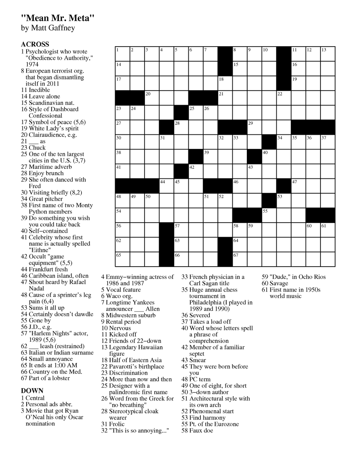 September 2011 Matt Gaffney s Weekly Crossword Contest