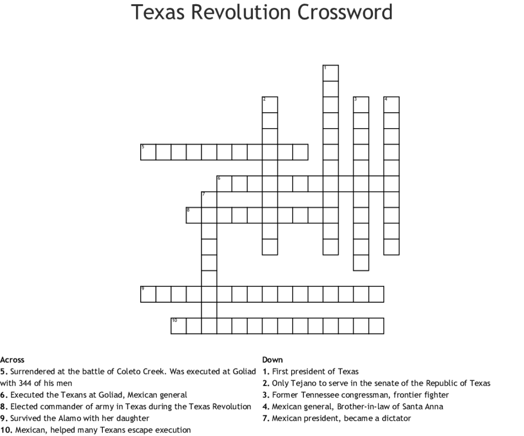 Texas History Crossword Puzzle WordMint Printable Crossword Puzzles
