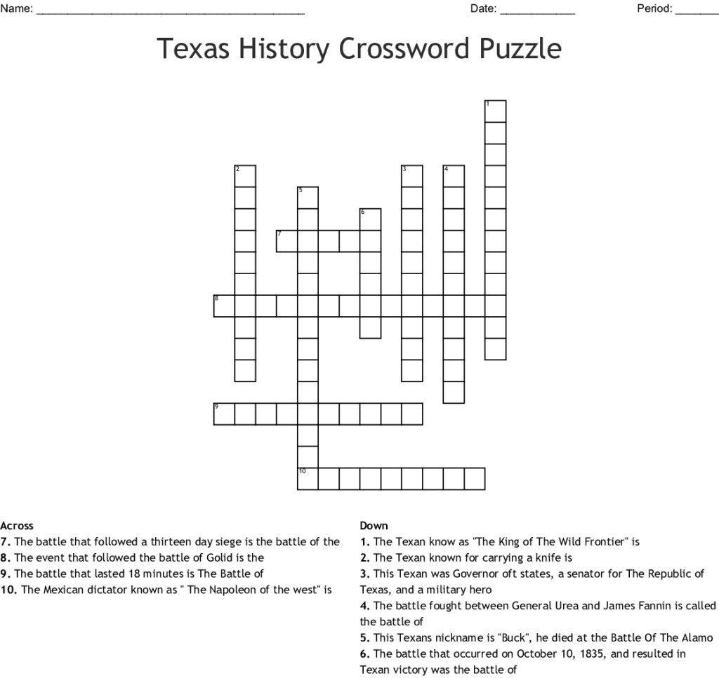 Texas History Crossword Puzzle WordMint Printable Crossword Puzzles