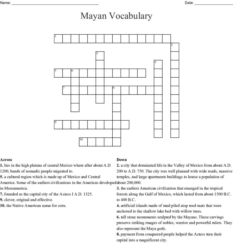 The Maya Crossword WordMint Printable Crossword Puzzles
