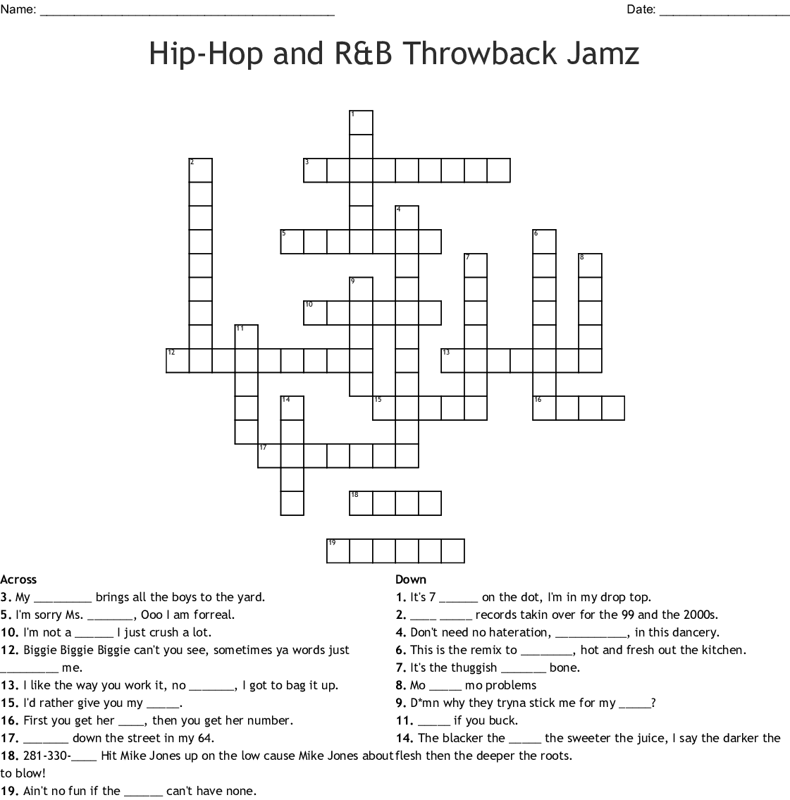 Printable Crossword Puzzles Hip Hop Printable Crossword Puzzles