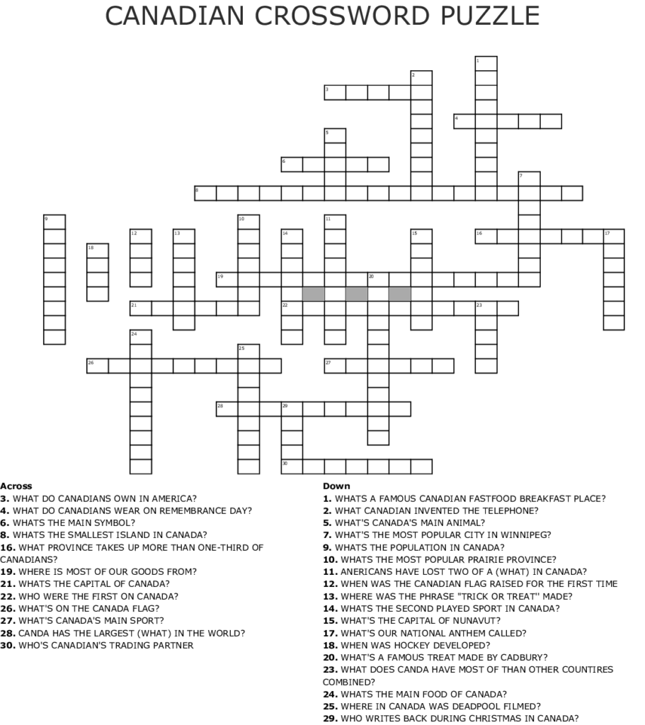 Canada Day Crossword WordMint | Printable Crossword Puzzles