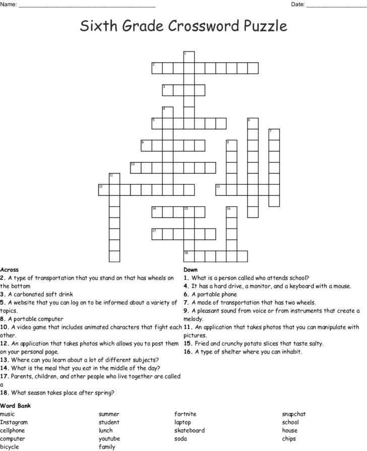 Crossword Puzzle Printable 6th Grade Printable Crossword Sixth Grade ...