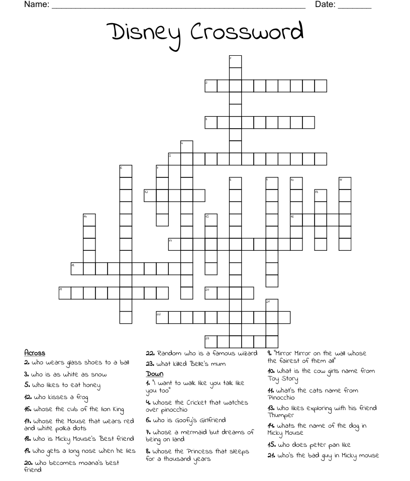 Printable Crossword Puzzles Disney: Crossword Puzzles With Disney