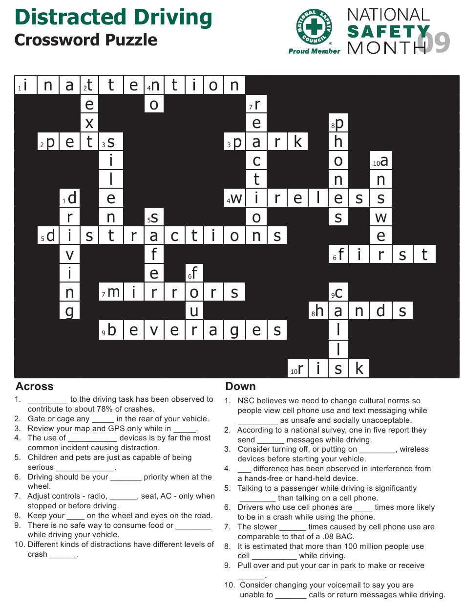 Distracted Driving Crossword Puzzle Template With Answers National 