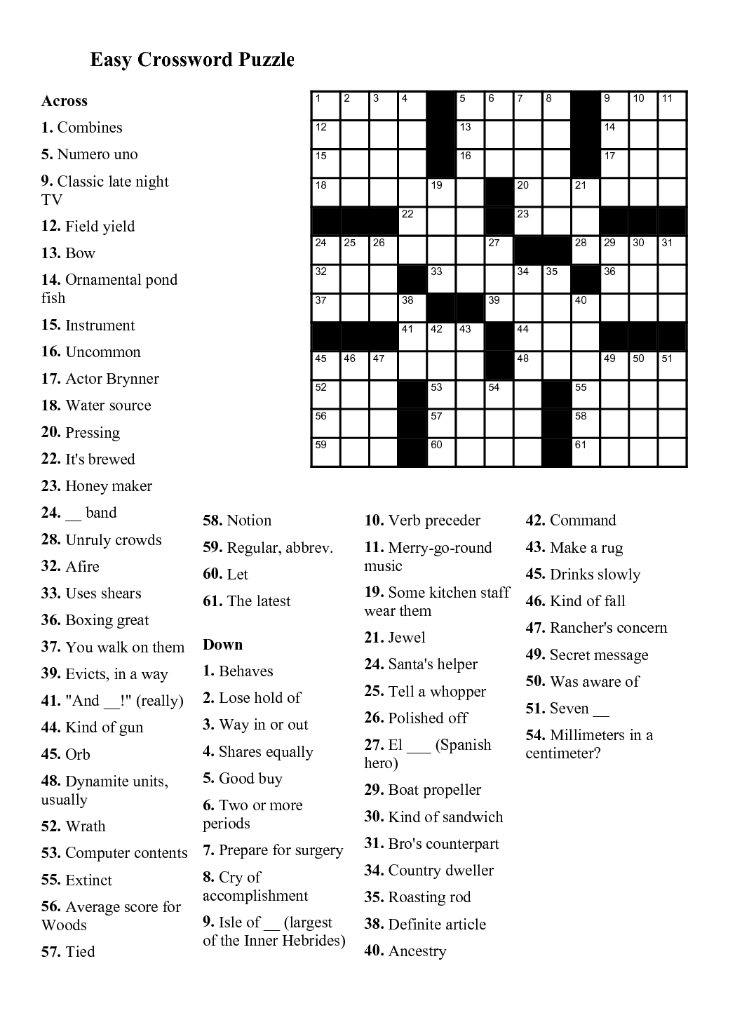 Easy Crossword Puzzles Printables Printable Crossword Puzzles