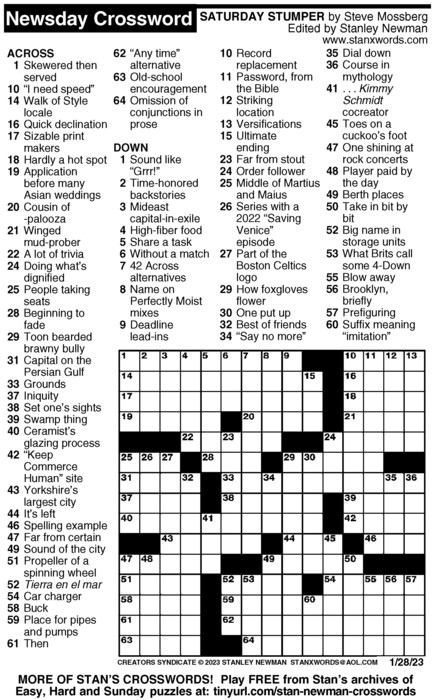 Newsday Crossword Puzzle For Jan 28 2023 By Stanley Newman Creators 