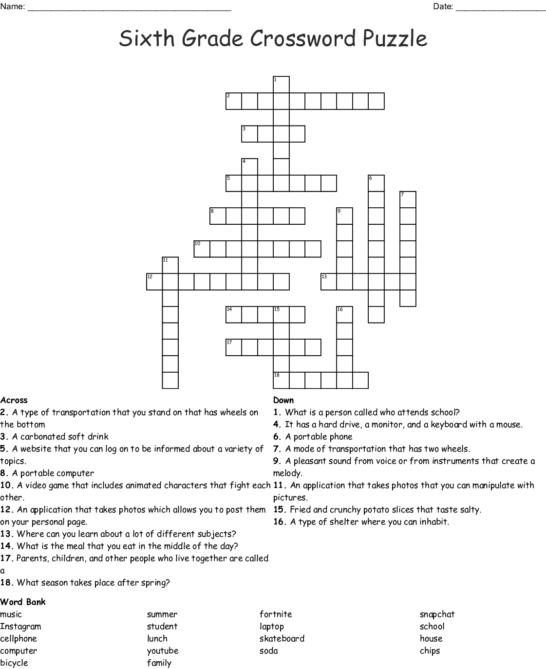 Printable Crosswords For 6th Grade Printable Crossword Puzzles Free 
