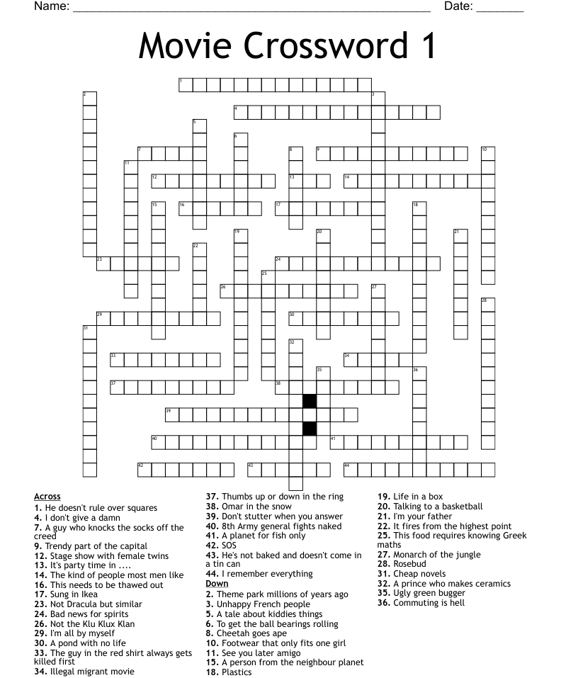 Printable Crossword Puzzles About Movies: Crossword Puzzles With Movie