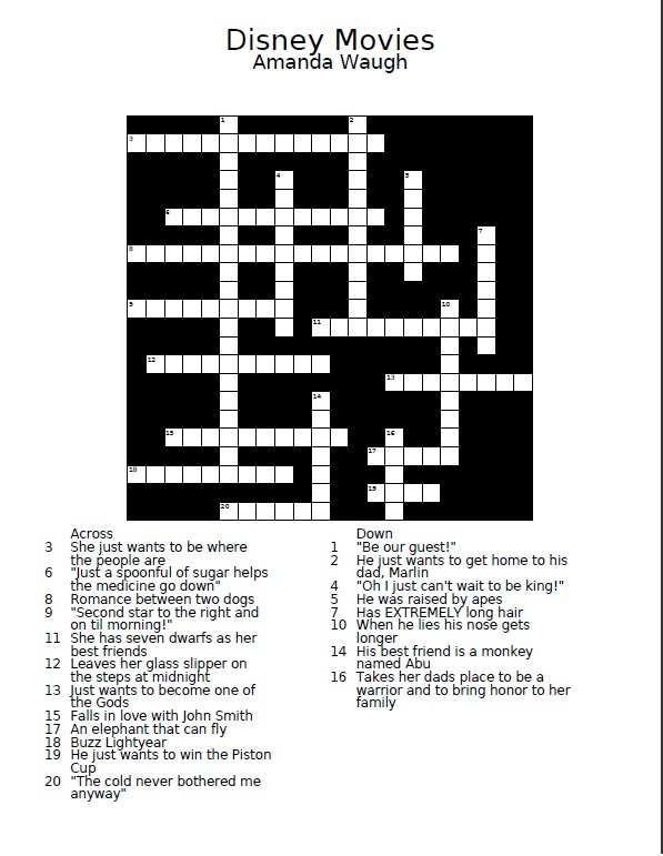 Disney Movie Crossword Puzzle WG News Printable Crossword Puzzles