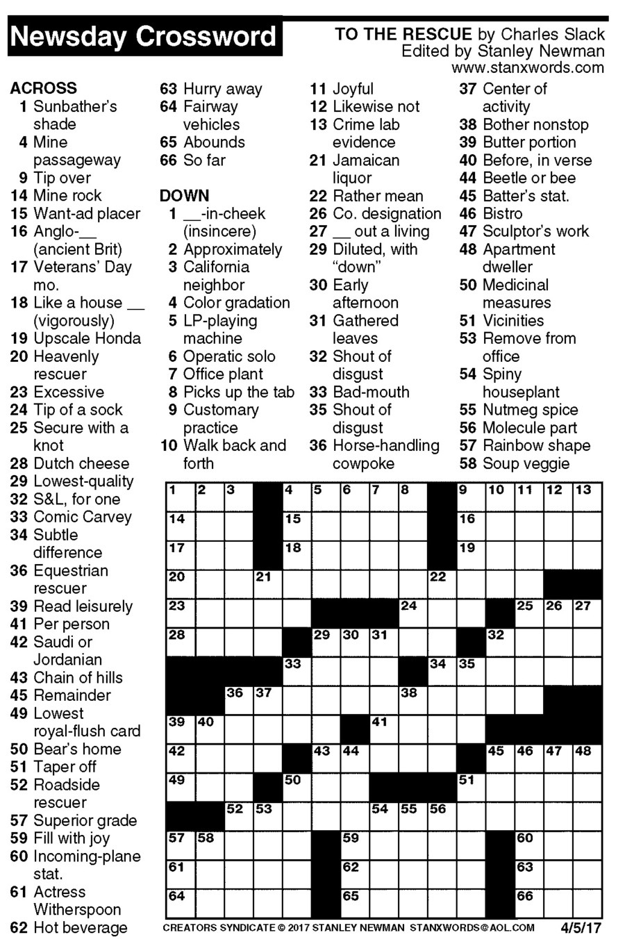 Newsday Crossword Puzzle For Apr 05 2017 By Stanley Newman Creators 