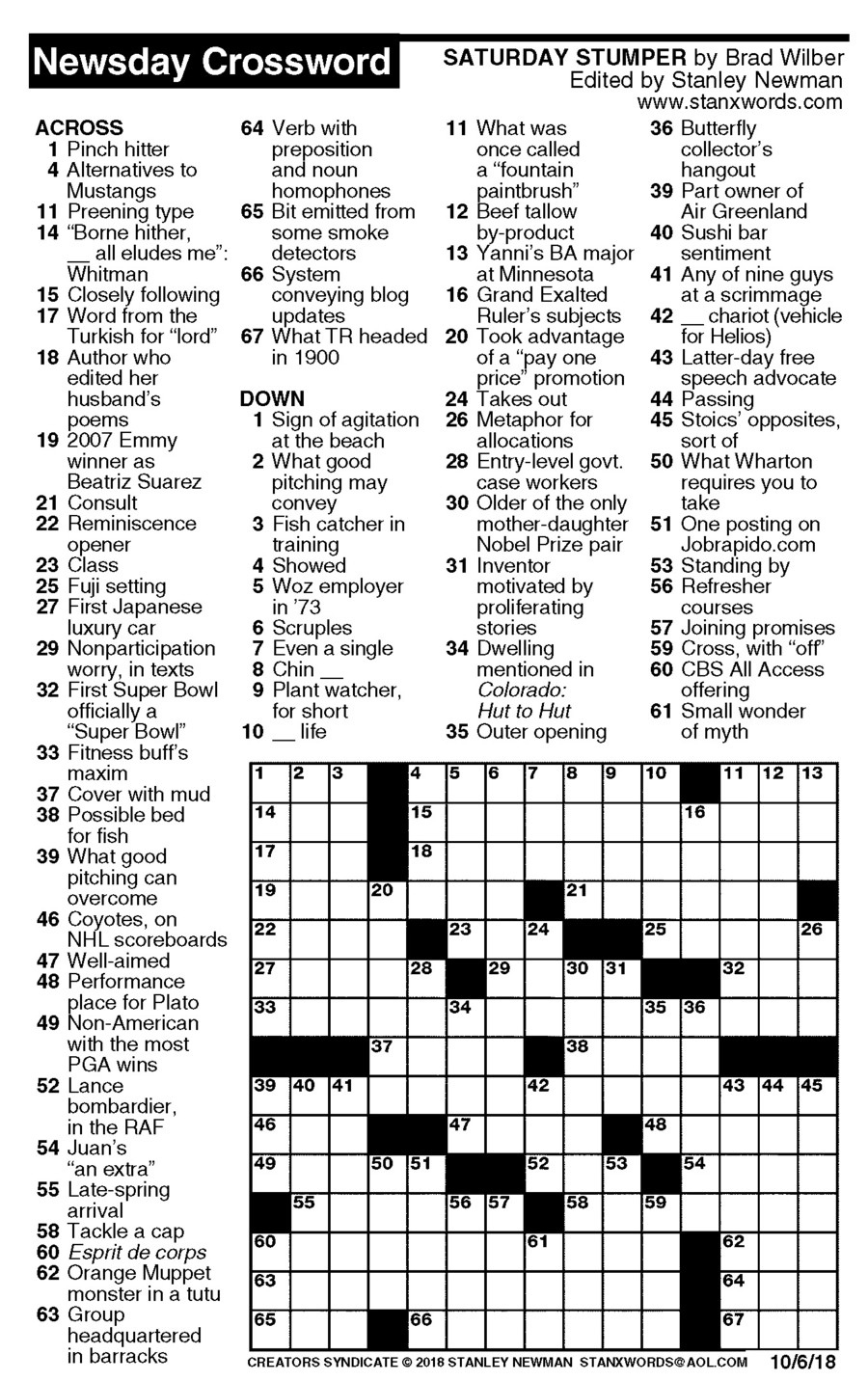 Newsday Crossword Puzzle For Oct 06 2018 By Stanley Newman Creators 