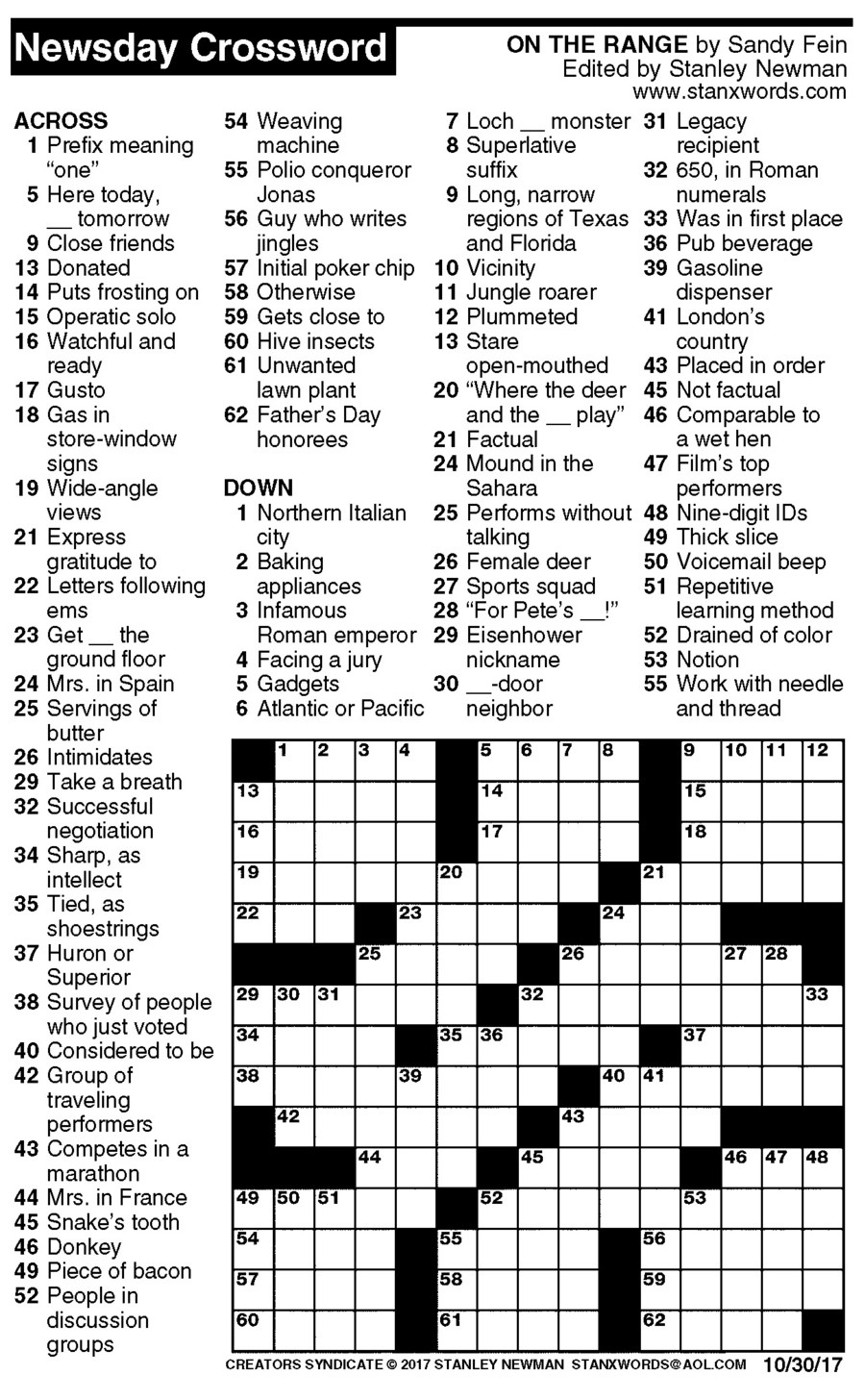 Newsday Crossword Puzzle For Oct 30 2017 By Stanley Newman Creators 