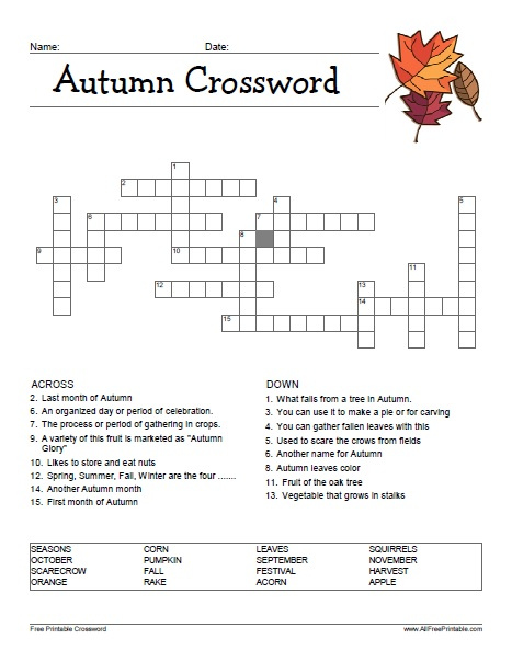 Printable Autumn Crossword Puzzle For Adults Portal Tutorials