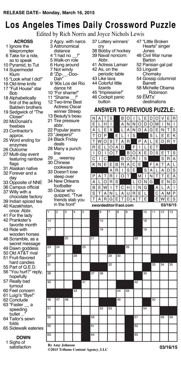La Times Crossword Puzzle Printable