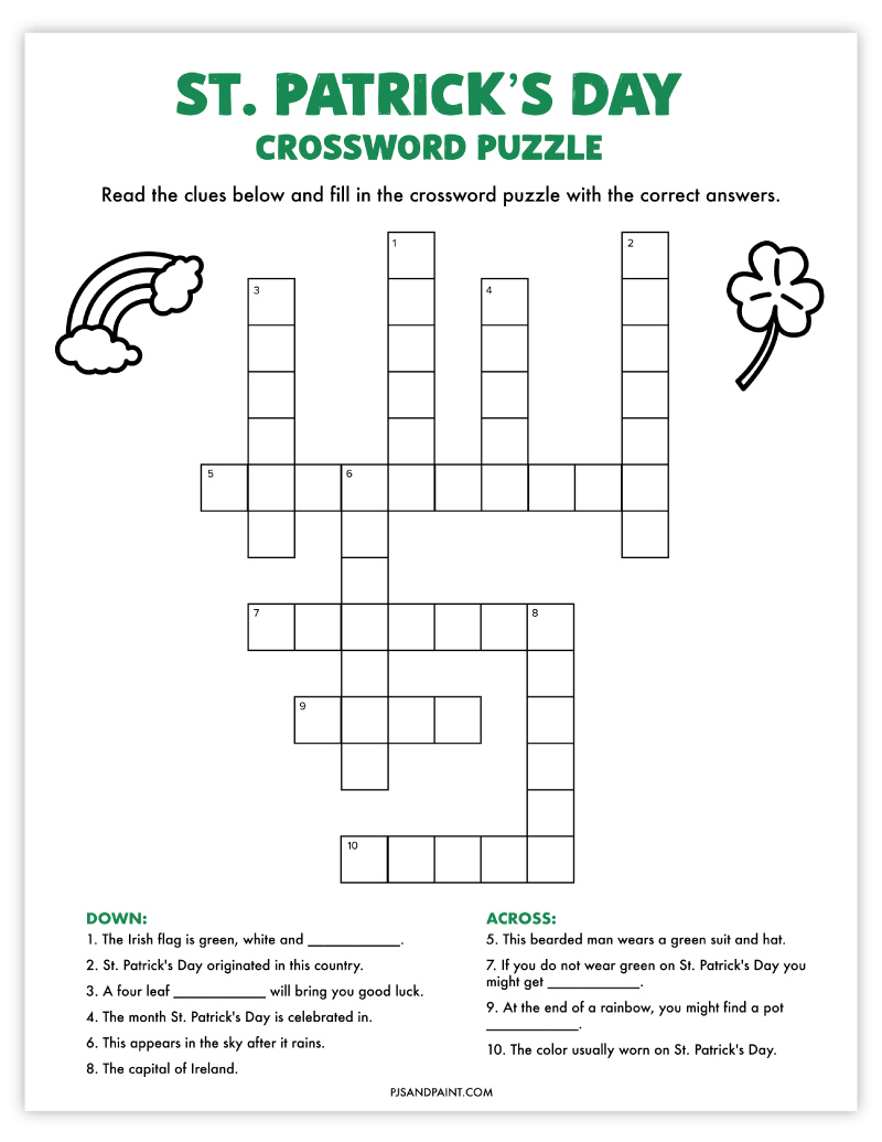 St Patrick s Day Crossword Puzzle Free Printable Game Pjs And Paint