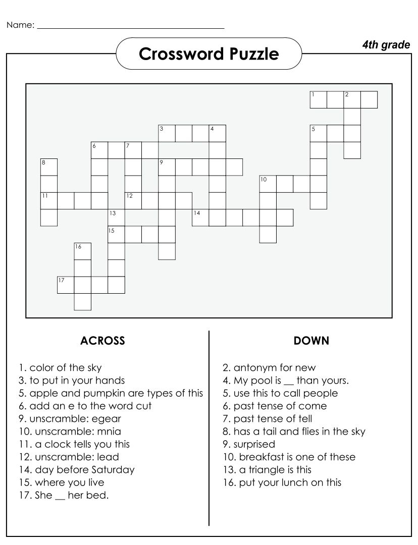 4th Grade Crossword Puzzles Printable Printable Crossword Puzzles