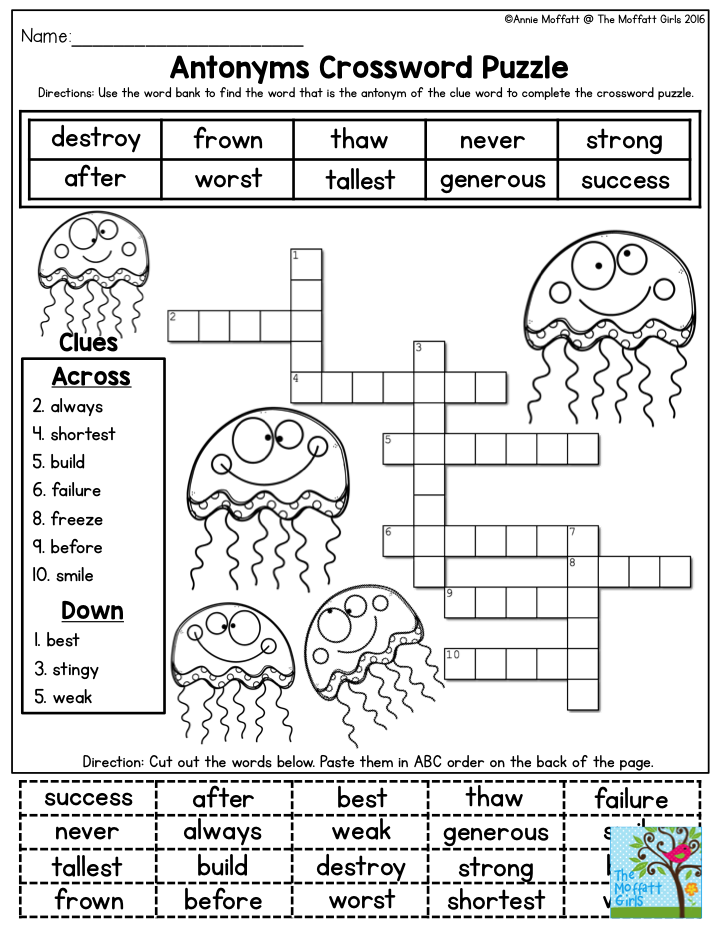 Antonyms Crossword Puzzle Use The Word Bank To Find The Word That Is 